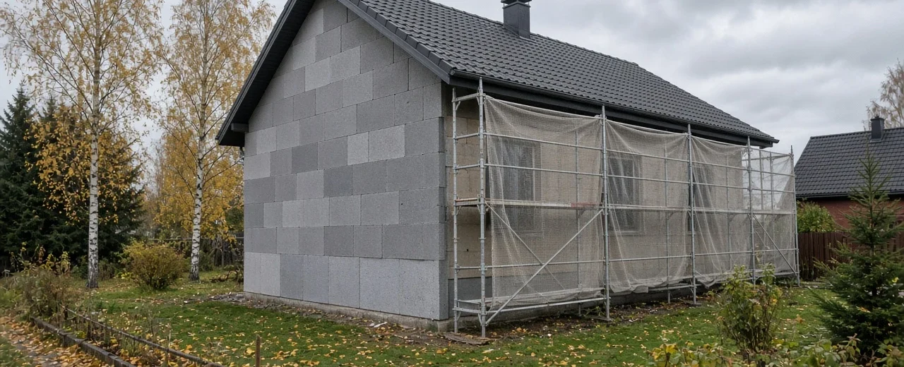 Grafitinio EPS plokštėmis šiltinamas individualaus namo fasadas rudenį, su pastoliais ir apsauginiu tinkleliu