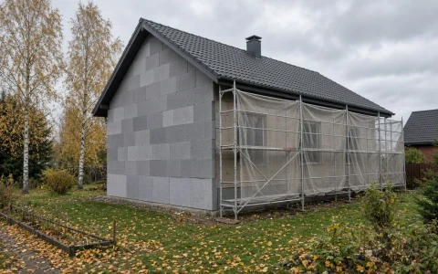 Grafitinio EPS plokštėmis šiltinamas individualaus namo fasadas rudenį, su pastoliais ir apsauginiu tinkleliu